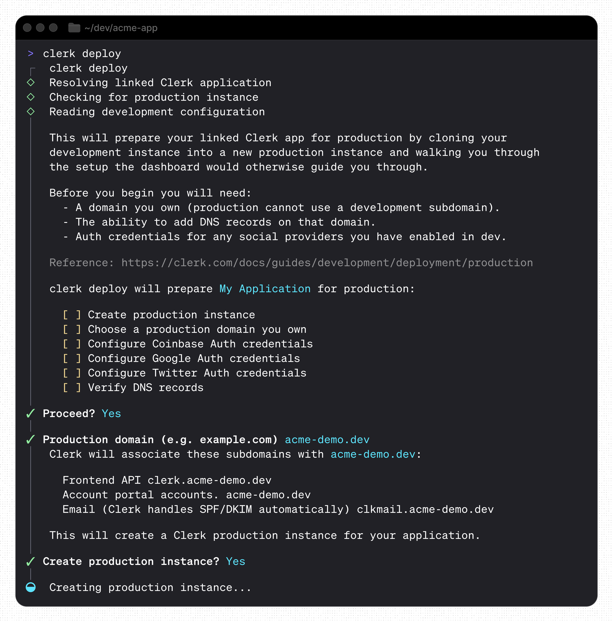 A clerk deploy session showing the plan and production domain prompt
