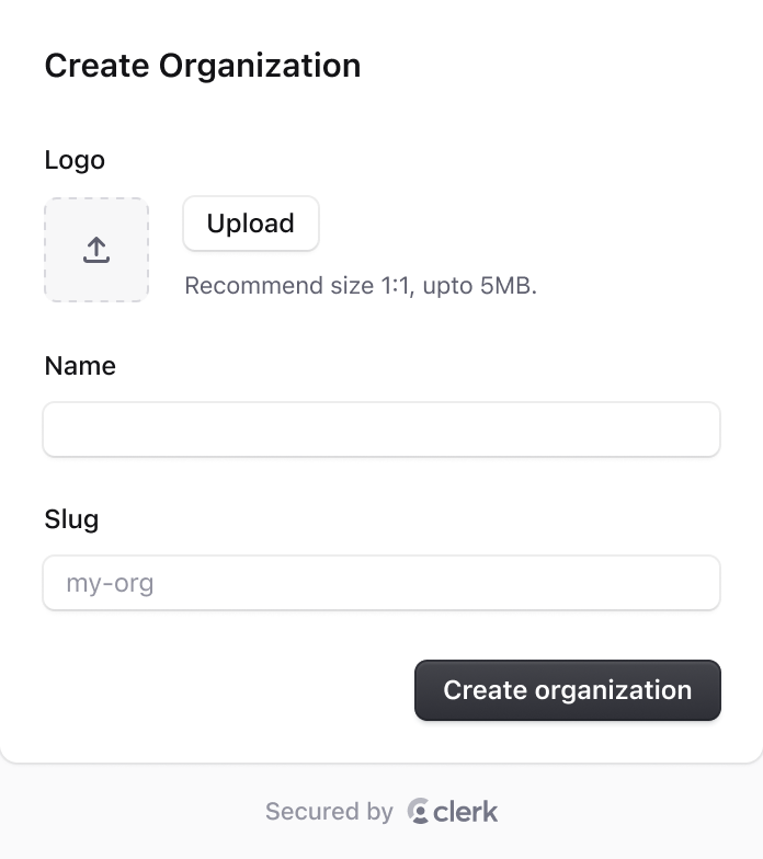 Create organization component for a Next.js application, featuring fields to upload a logo, enter the organization name, and set a slug, along with a button to create the organization.