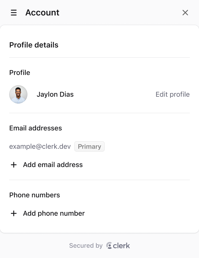 Profile details component for a Next.js application, showing user information for an example user, including email addresses, phone number, and options to add or connect accounts.