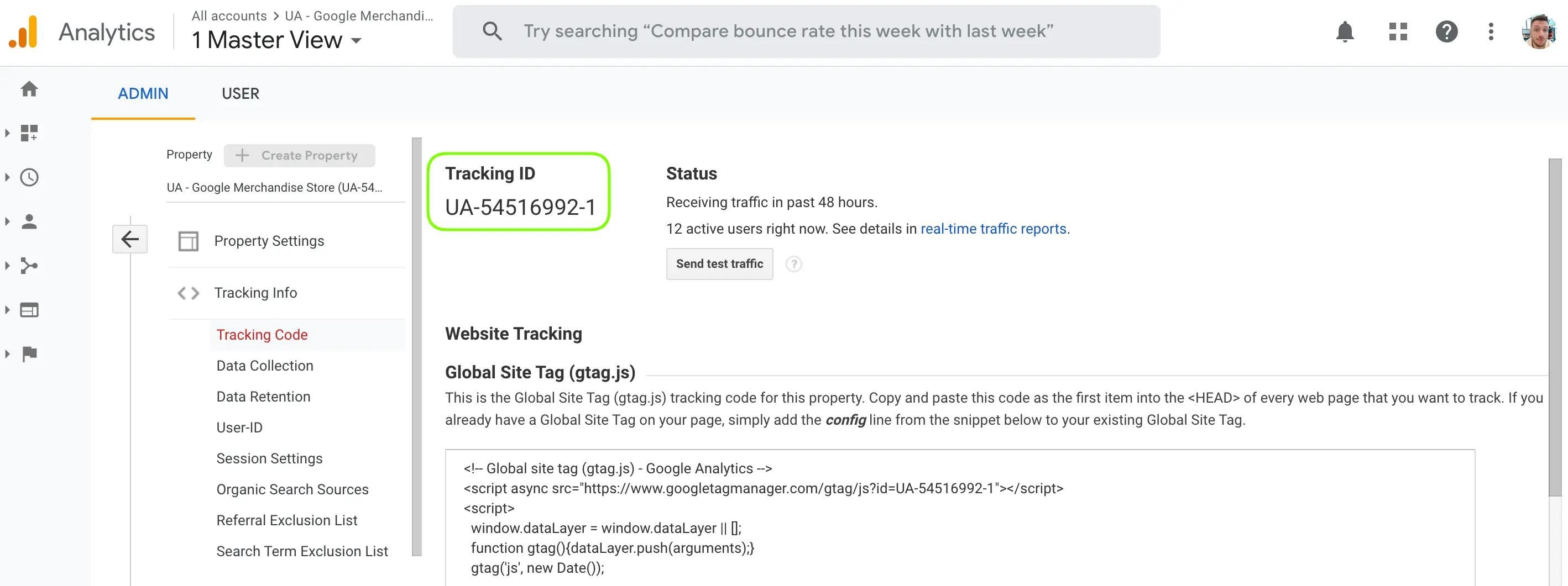 A screenshot showing how to find the tracking ID
