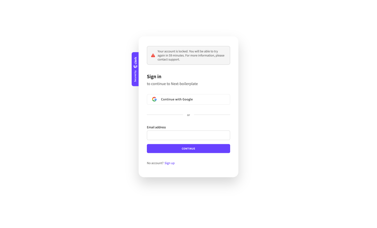 The Clerk component sign-in form with a red alert stating 'Your account is locked. You will be able to try again in 59 minutes. For more information, contact support.'
