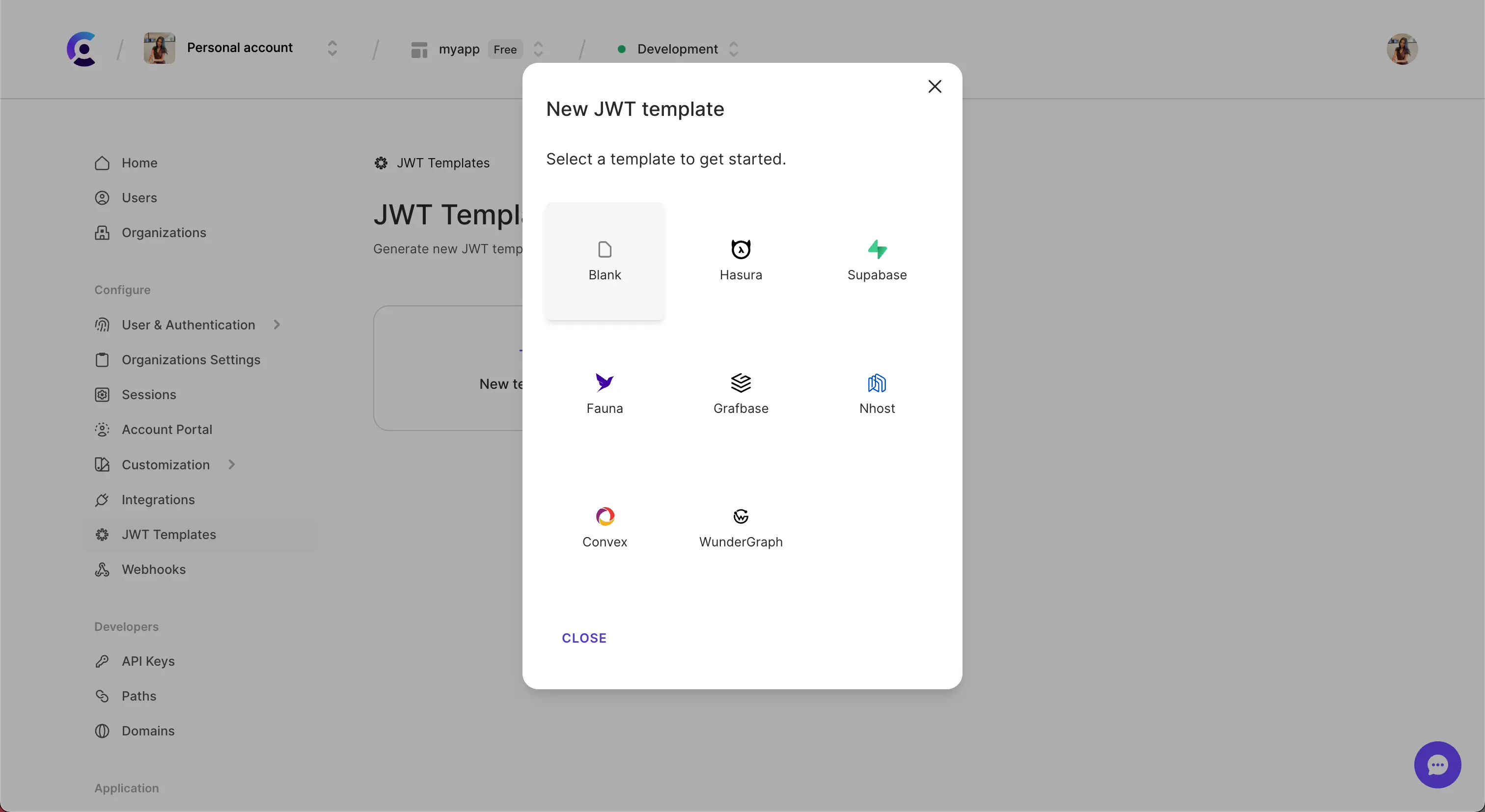 The JWT templates page in the Clerk Dashboard. The 'New template' button was clicked, in the modal that opened, the 'Blank' template is hovered over